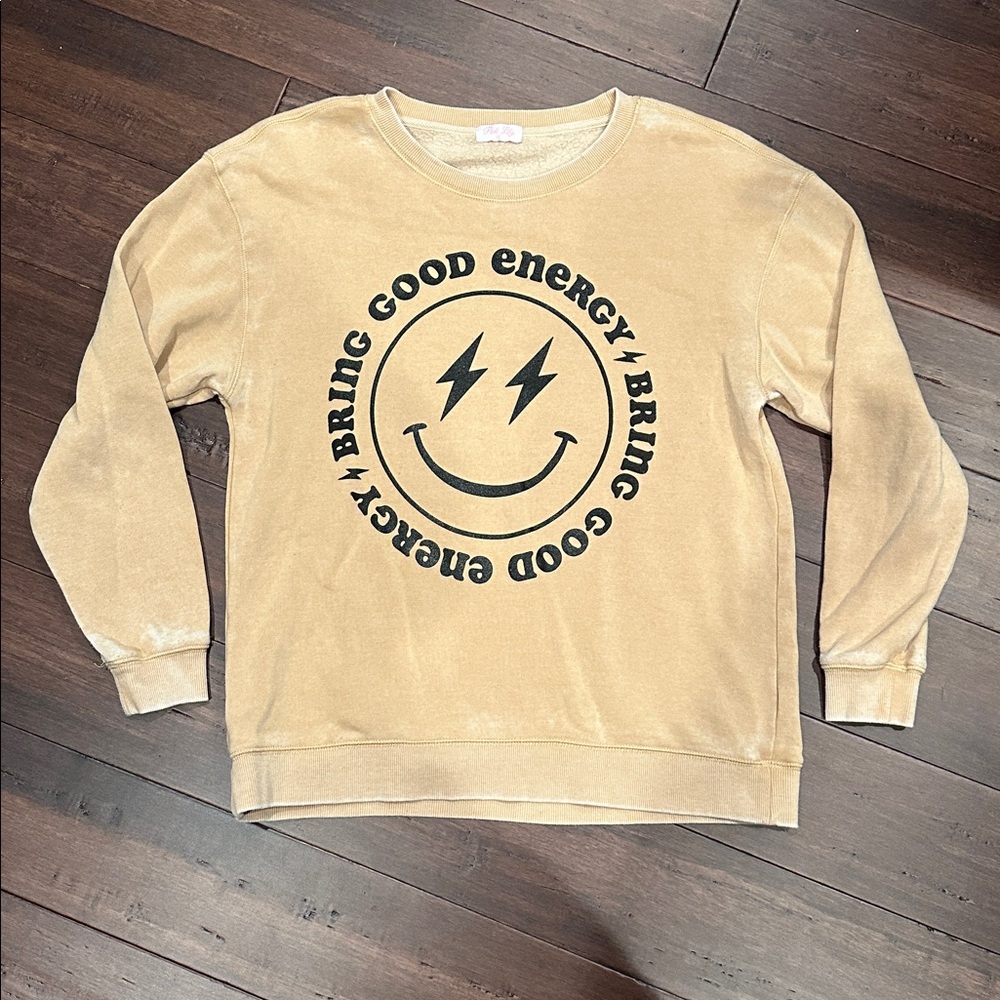 Pink Lily Tan Cozy Sweatshirt Bring Good Energy